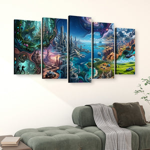 A 5-panel canvas wall art set depicting a colorful fantasy landscape with futuristic cities, waterways, forests, and dramatic skies, displayed above a green sofa in a living room setting.