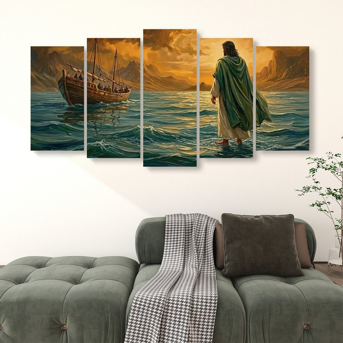 Jesus Walking on Water Stormy Seas Canvas Wall Art | 5-Panel Level & Diamond | 3 & 1 Panel