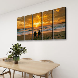 Sunset Surf – Couple on the Beach 5-Panel Canvas Wall Art