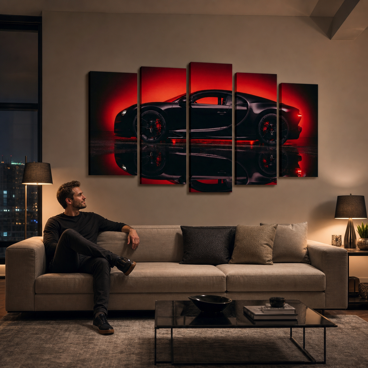 Bugatti Chiron Canvas Wall Art – Dark Reflection Supercar Print | 5-Panel Level Garage Décor