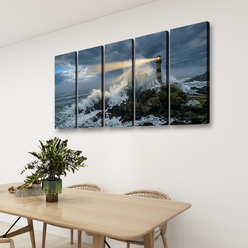 Stormy Lighthouse Canvas Wall Art – Dramatic Coastal Storm Scene | 1, 3 & 5 Panel Home Décor Print