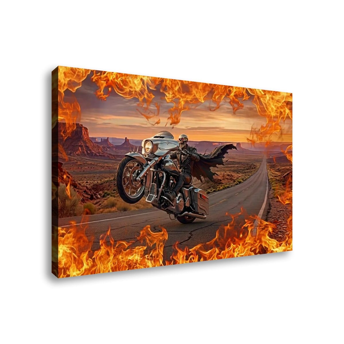 Skeleton Fire Bagger Chrome Motorcycle Tank, Saddlebags w/ Fire Split Canvas Panel Wall Art