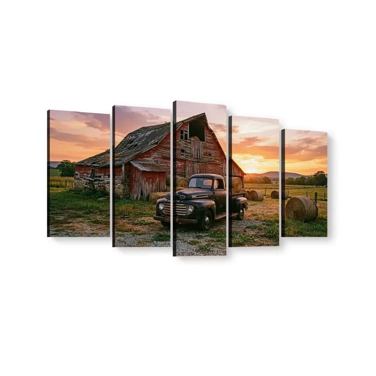Five-panel canvas wall art showing a rustic red barn, an old 1951 Ford F1  pickup truck, hay bales, and a sunset sky, displayed against a white background.