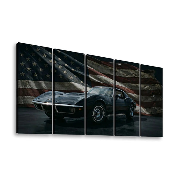 A five-panel canvas wall art set depicting a black 1972 Corvette sports car in front of a distressed American flag, shown against a plain white background.