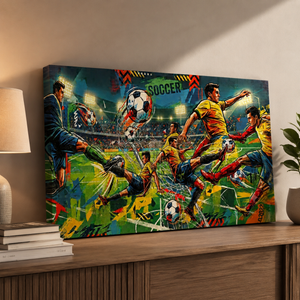 A rectangular canvas wall art print depicting a colorful soccer scene with multiple players and balls, leaning on a wooden console table in a styled room with a lamp and plant.