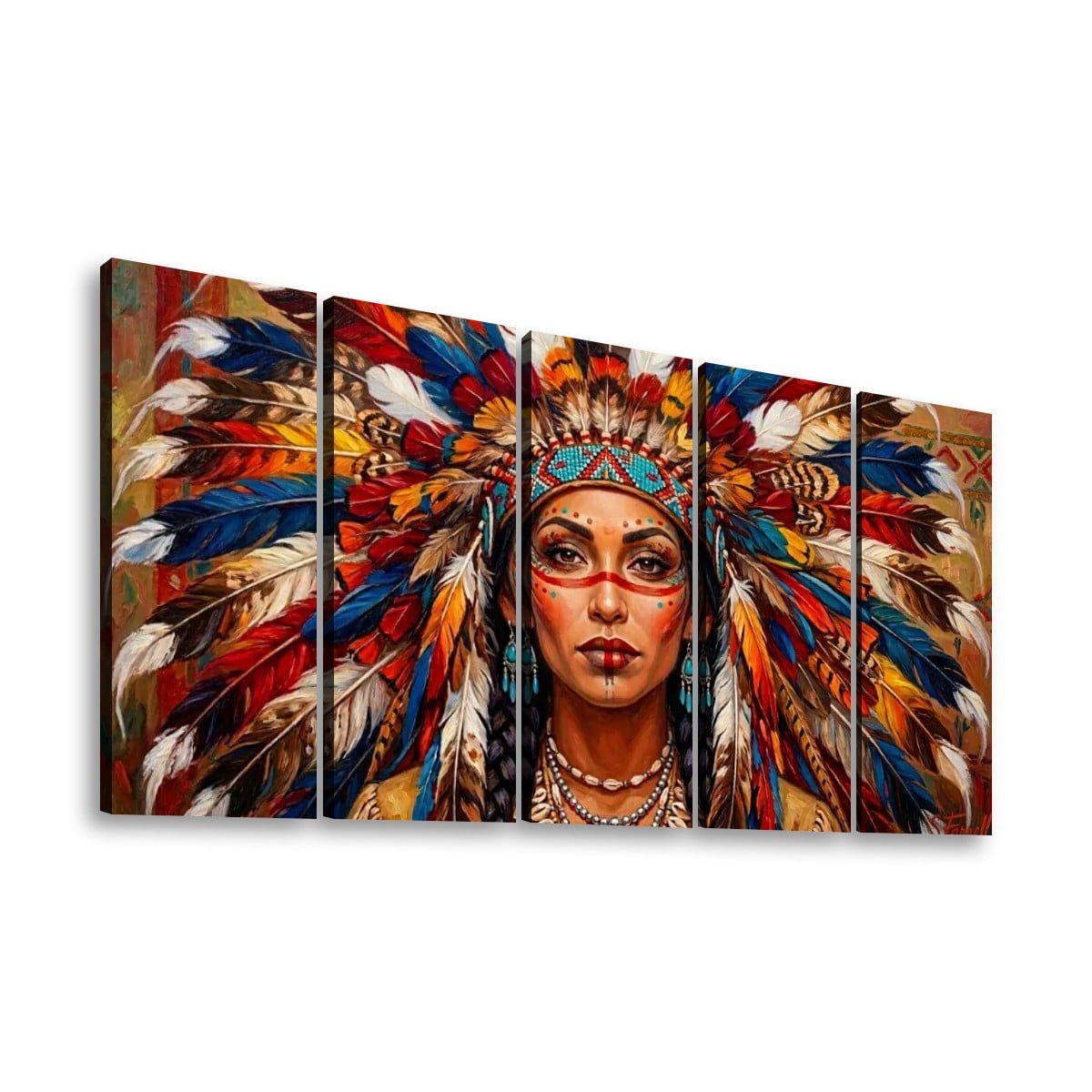 Native American Indian Woman 5-Panel Level Split Canvas Wall Art | Multi-Panel Print