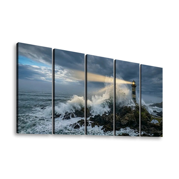 Stormy Lighthouse Canvas Wall Art – Dramatic Coastal Storm Scene | 1, 3 & 5 Panel Home Décor Print