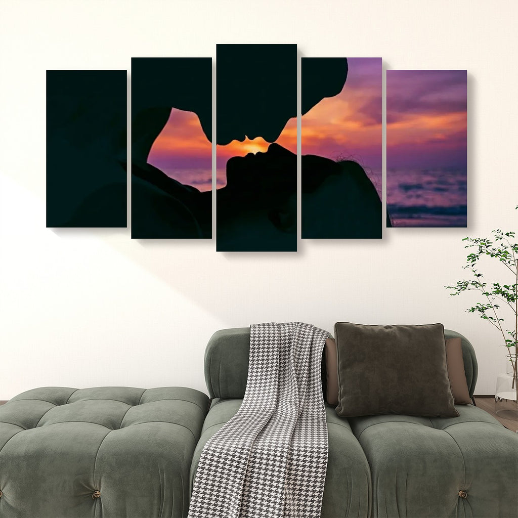 Loving Couple Kissing at Sunset on Gulf Ocean Beach — Multi-Panel Canvas Wall Art