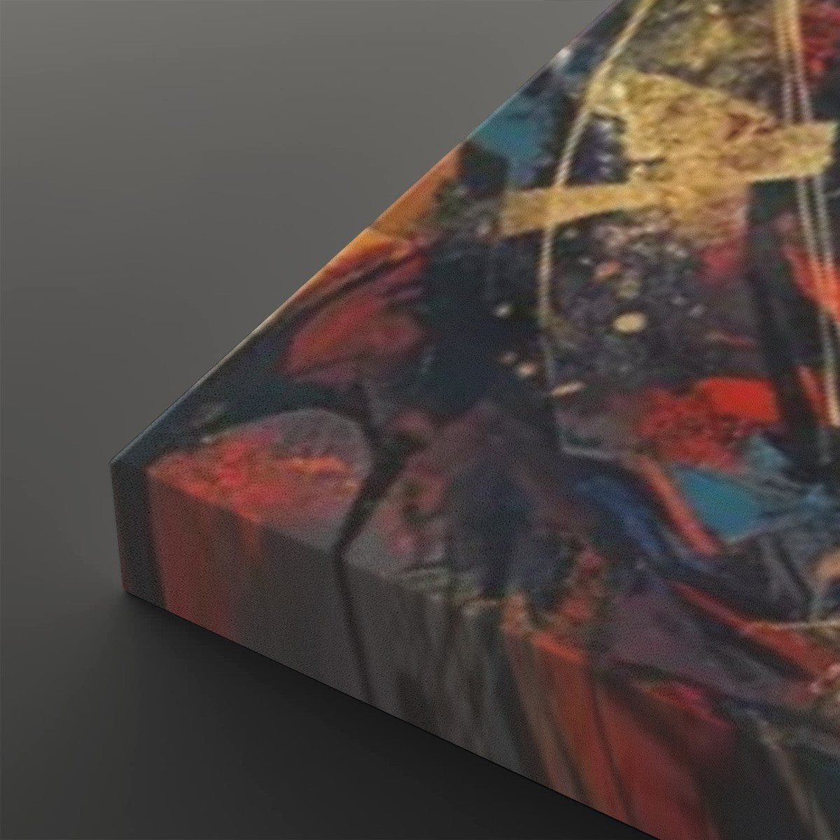 Abstract canvas wall art shown at an angle, featuring a dynamic mix of red, blue, black, gold, and white brushstrokes on a dark gray background.