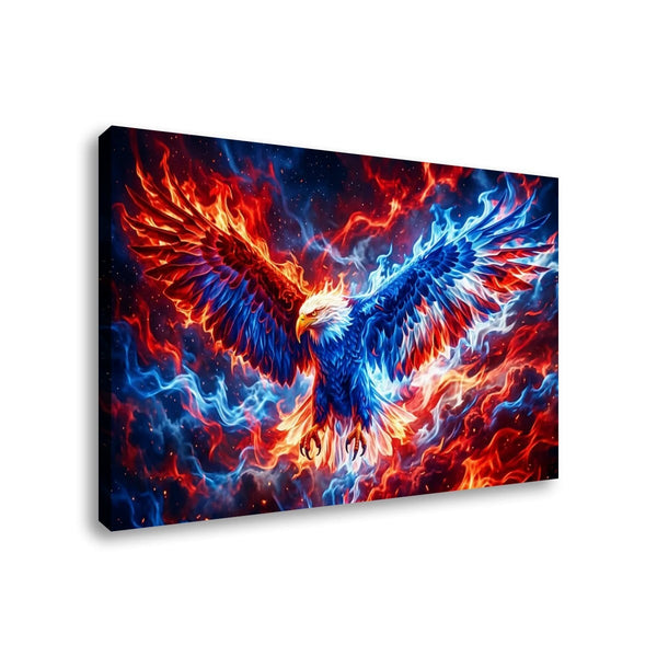 A rectangular wall art canvas showing a dramatic eagle with wings spread, surrounded by vivid red and blue fiery energy against a dark starry background. The canvas is photographed at an angle on a clean white background.