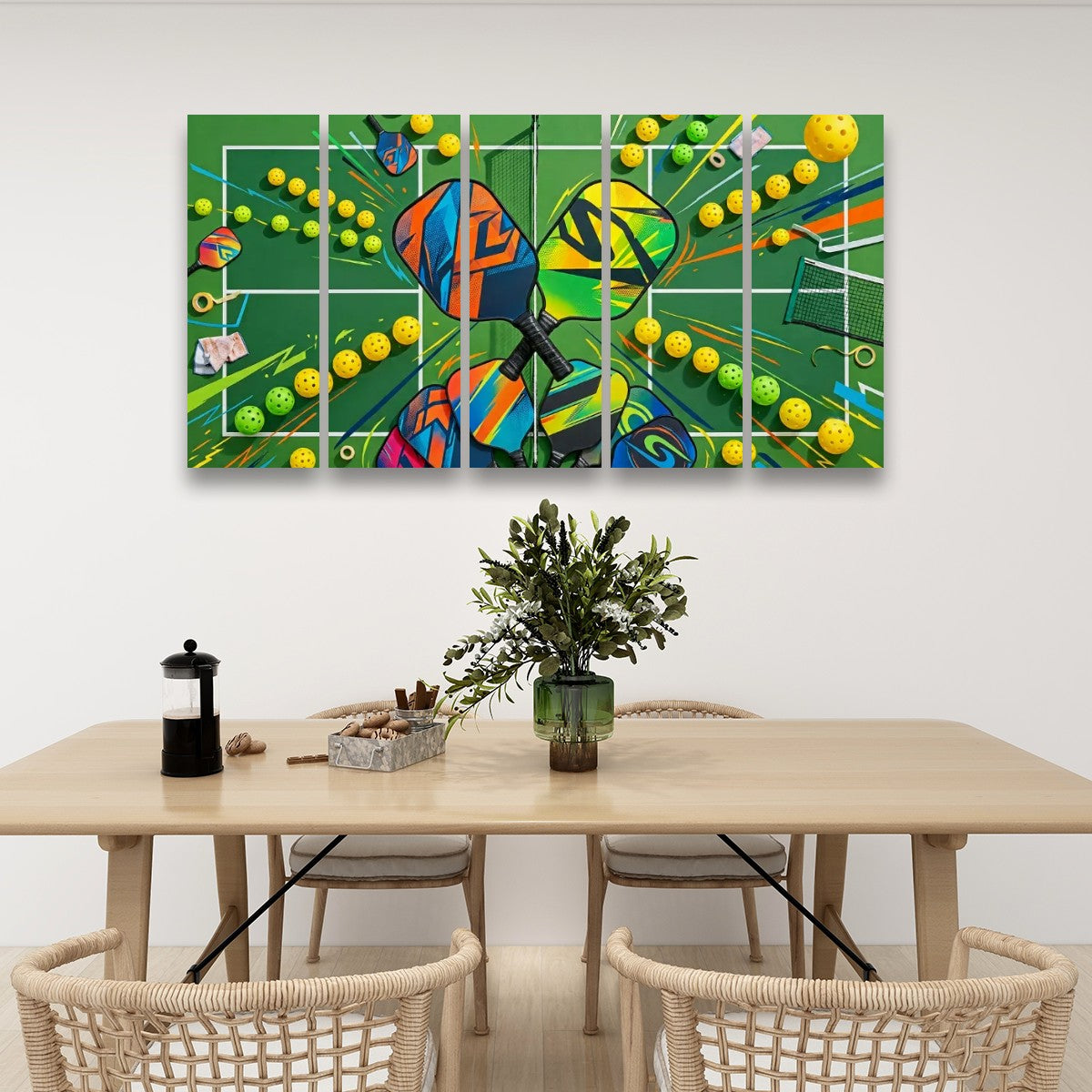 A large multi-panel canvas wall art print featuring a colorful abstract pickleball theme, displayed on a white wall above a wooden dining table with chairs.