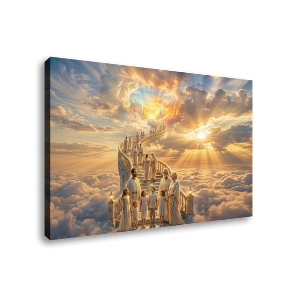 A rectangular wall art canvas showing a surreal sky scene with glowing clouds, sun rays, and a staircase leading upward toward a bright horizon. The canvas is photographed at an angle against a plain white background, with the left edge showing depth.