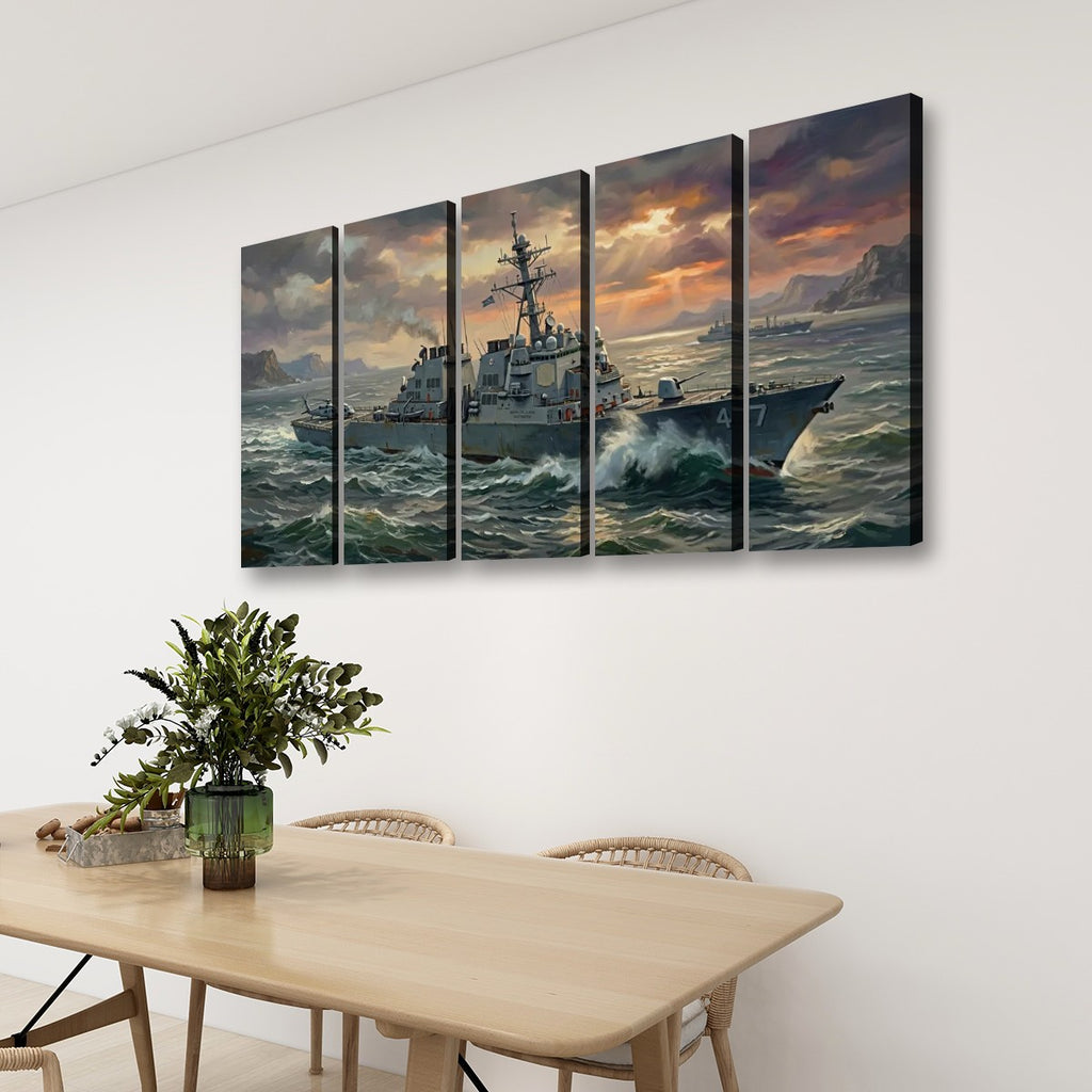 Warship Battling Rough Seas Canvas Wall Art – Storm Fury | 5-Panel  Military Naval Print