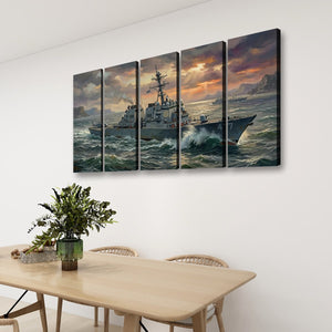 Storm Fury – Warship Battling Rough Seas 5-Panel Canvas Wall Art