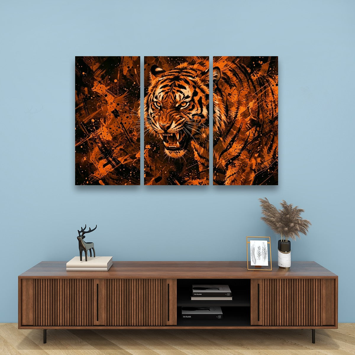 Abstract Tiger Canvas Split Panel Wall Art – Orange & Black 5-Panel Level