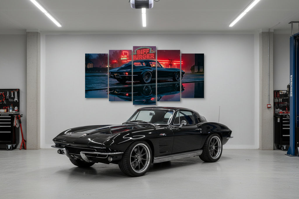 A 5-panel canvas wall art set depicting a classic black 1963 Split Window Chevy Corvette at night with a glowing red 'Biff Burger' neon sign, displayed on a white wall above a green tufted sofa.