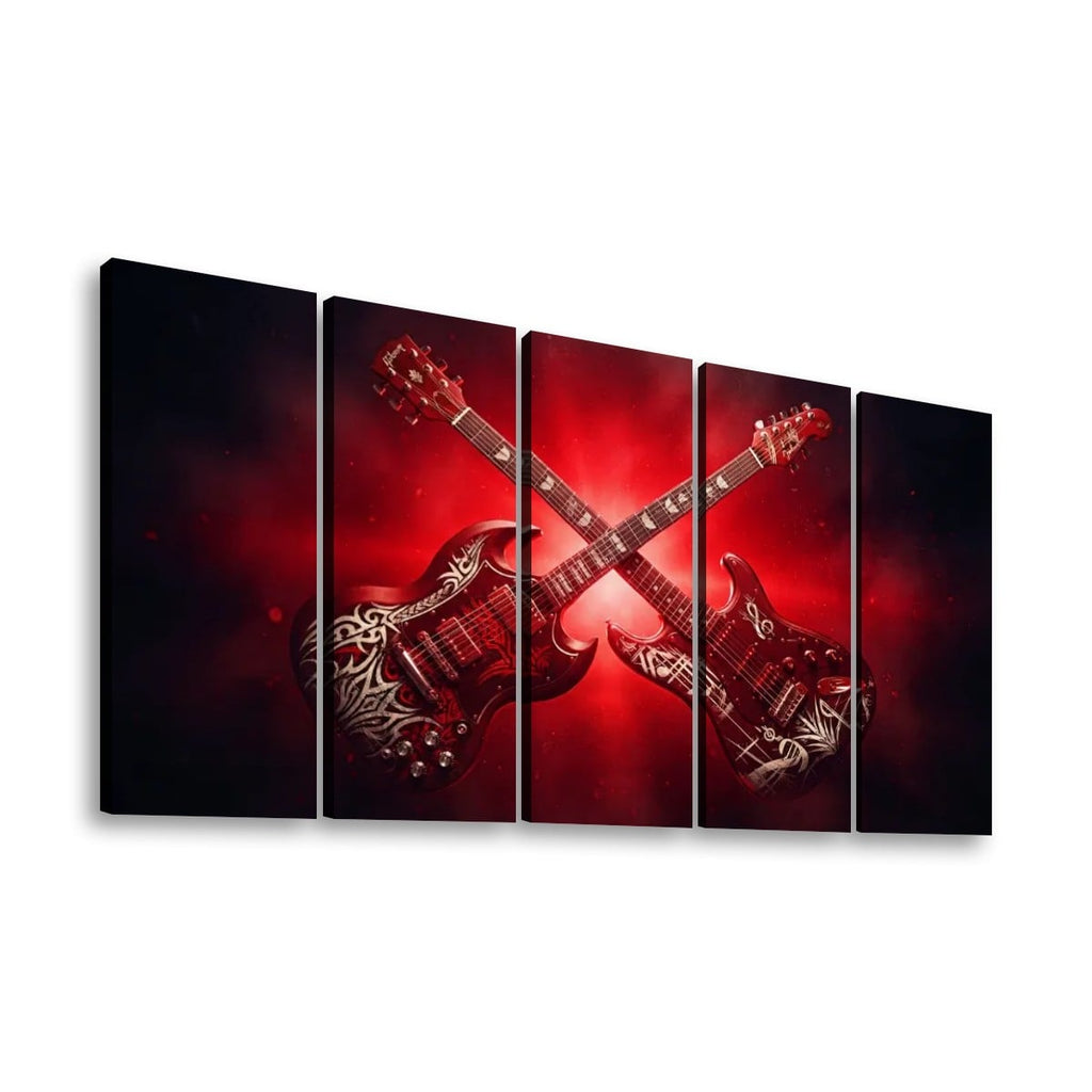 A five-panel canvas wall art set featuring two crossed electric guitars with white graphic designs against a dramatic red and black background.