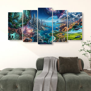 A 5-panel canvas wall art set depicting a vibrant fantasy landscape with futuristic cities, waterways, forests, and mountains, displayed on a wall above a green sofa in a living room setting.
