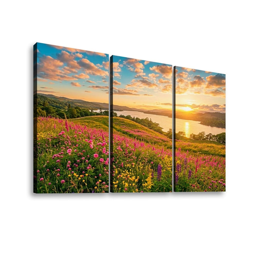 Three-panel canvas wall art showing a colorful wildflower meadow at sunset with hills, a lake, and dramatic clouds, displayed against a plain white background.
