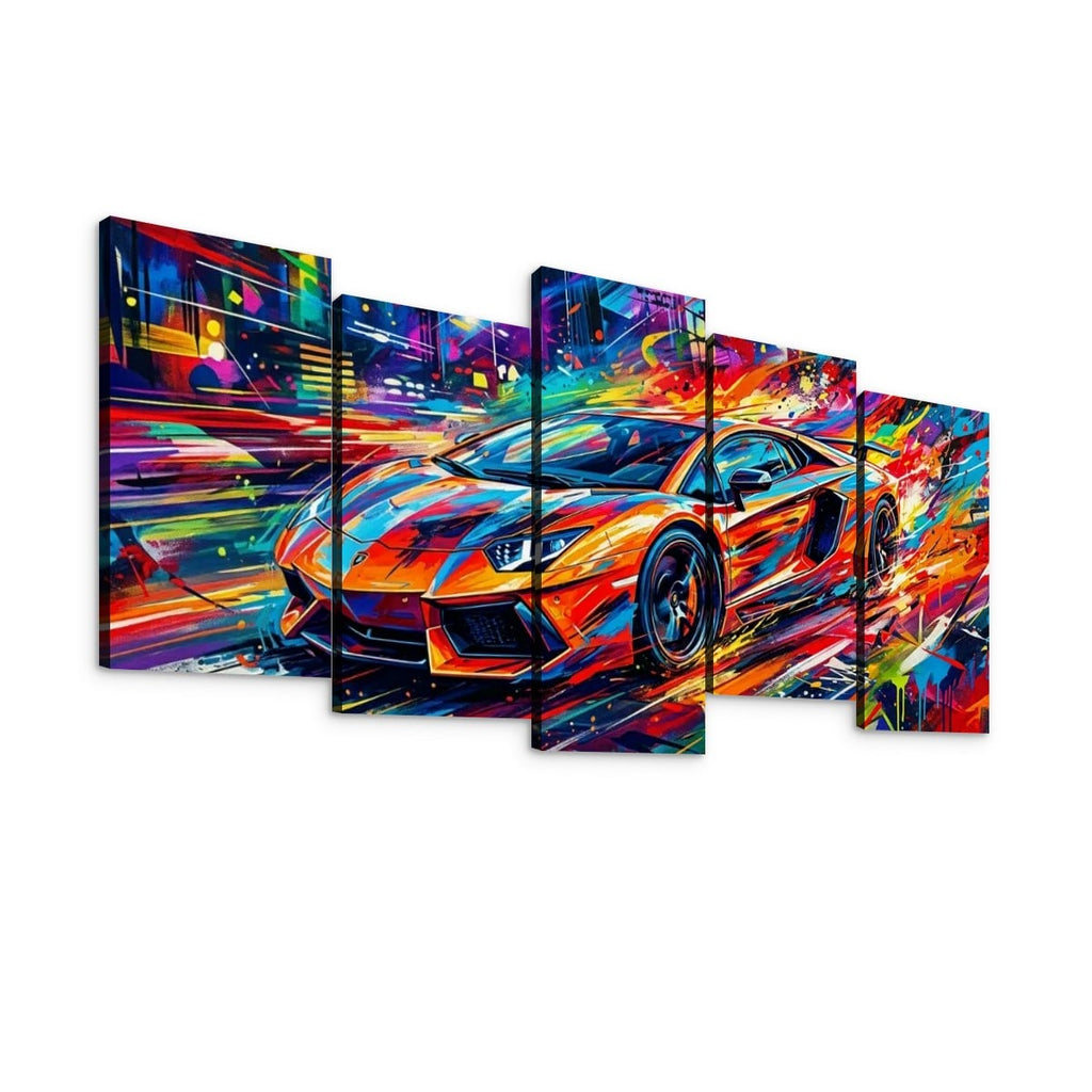 A 5-panel canvas wall art set depicting a vibrant, colorful abstract sports car on a white background.