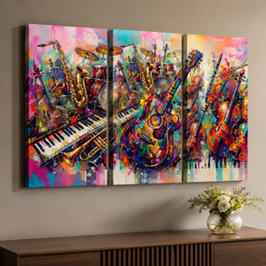 A three-panel canvas wall art set featuring a colorful abstract painting of musical instruments, including guitars, saxophones, violins, a piano, and drums, displayed on a beige wall above a wooden console table with a vase of flowers.
