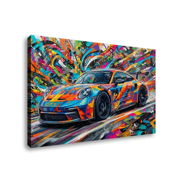 A colorful canvas wall art print depicting a 911 GT3 sports car in a dynamic, graffiti-style abstract composition, shown at an angle against a plain white background.