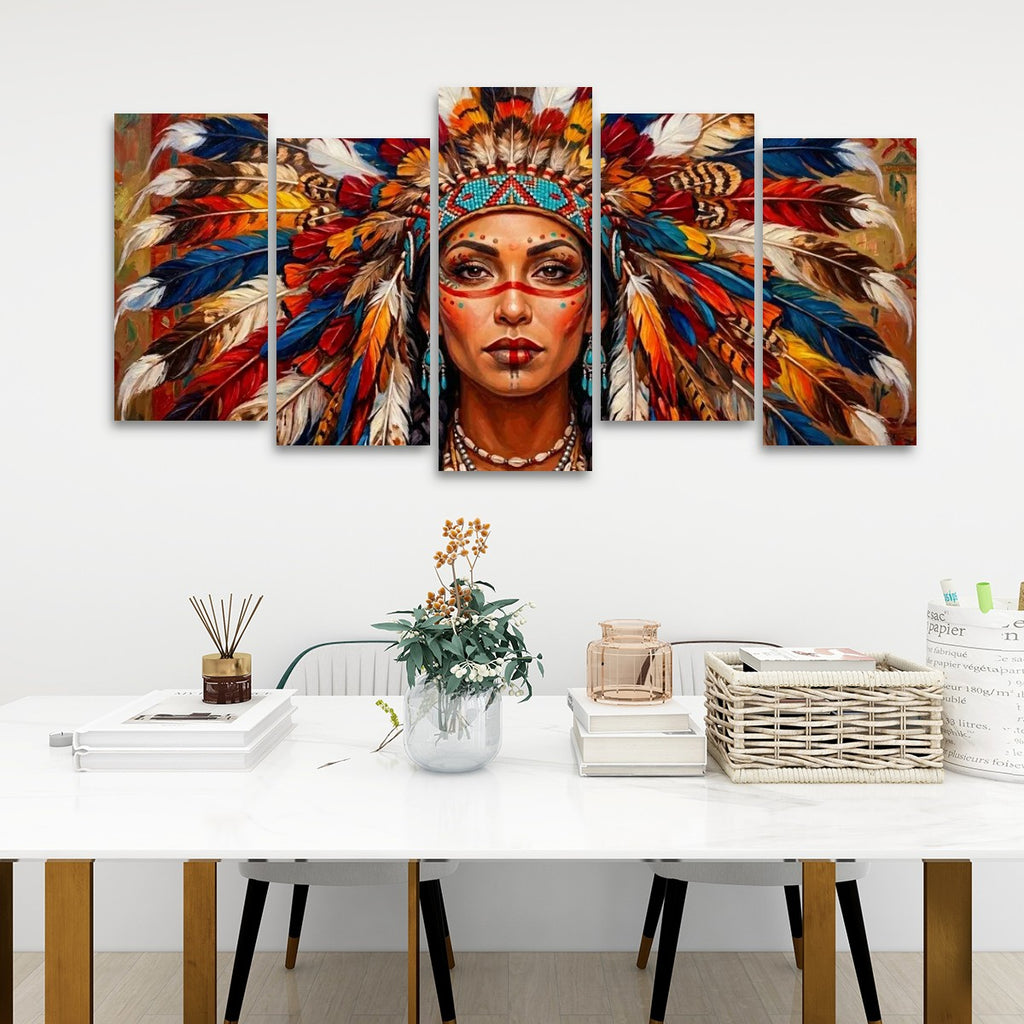Native American Indian Woman 5-Panel Level Split Canvas Wall Art | Multi-Panel Print