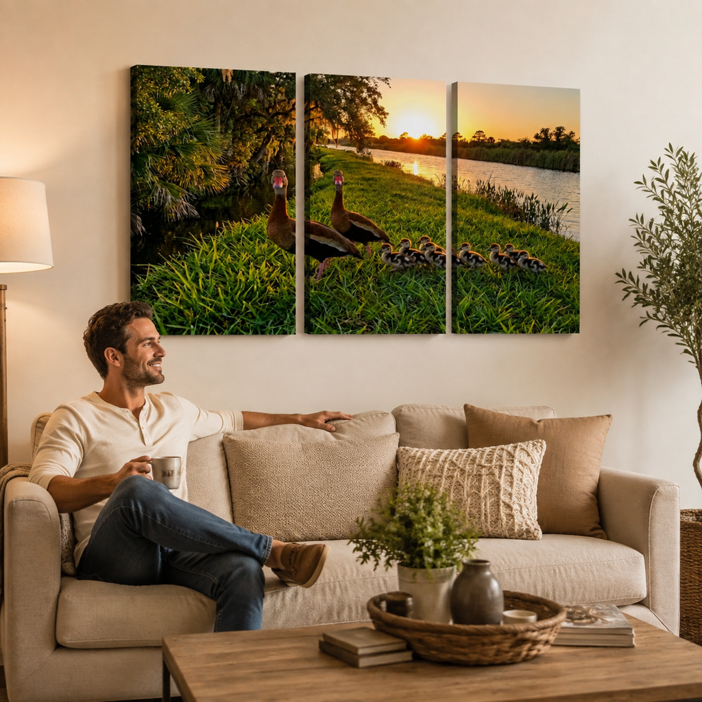 A man relaxes on a beige sofa in a living room, looking at a three-panel canvas wall art print depicting two ducks and ducklings at sunset by a lake.