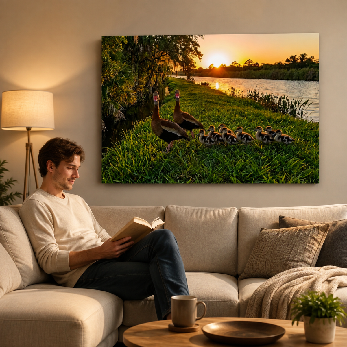 A man sits on a beige sofa reading a book in a cozy living room, with a large framed wall art print above him showing two ducks and ducklings by a lake at sunset.