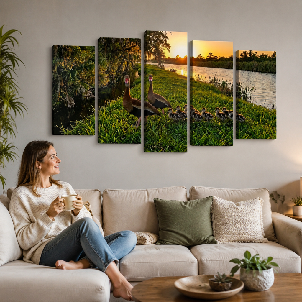 A woman sits on a beige sofa in a living room, looking at a five-panel canvas wall art set depicting  Black-bellied Whistling-Ducks at sunset by a lake.