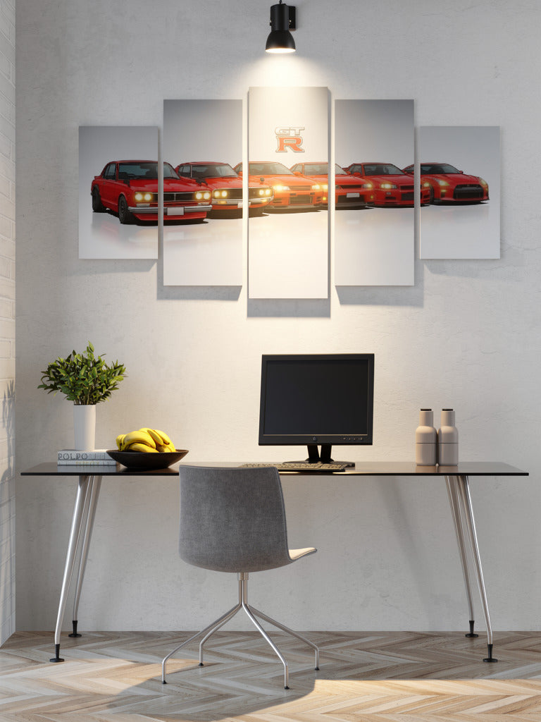 Modern office setup with a desk, chair, and wall art of red cars.
