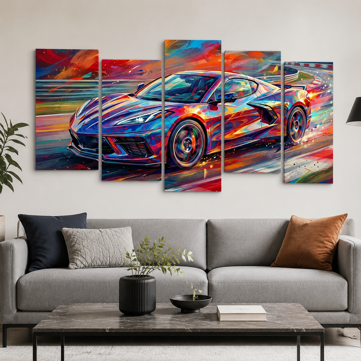 Abstract Corvette Canvas Wall Art – The American Icon | 3 & 5 Panel Garage Décor Print