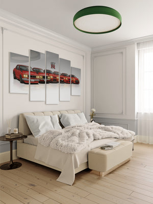 Modern bedroom with a bed, nightstands, and wall art of red cars.