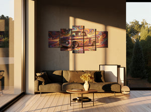 Sofa in a living room with a colorful abstract painting of a 1966 Chevy C10 Stepside truck on the wall.