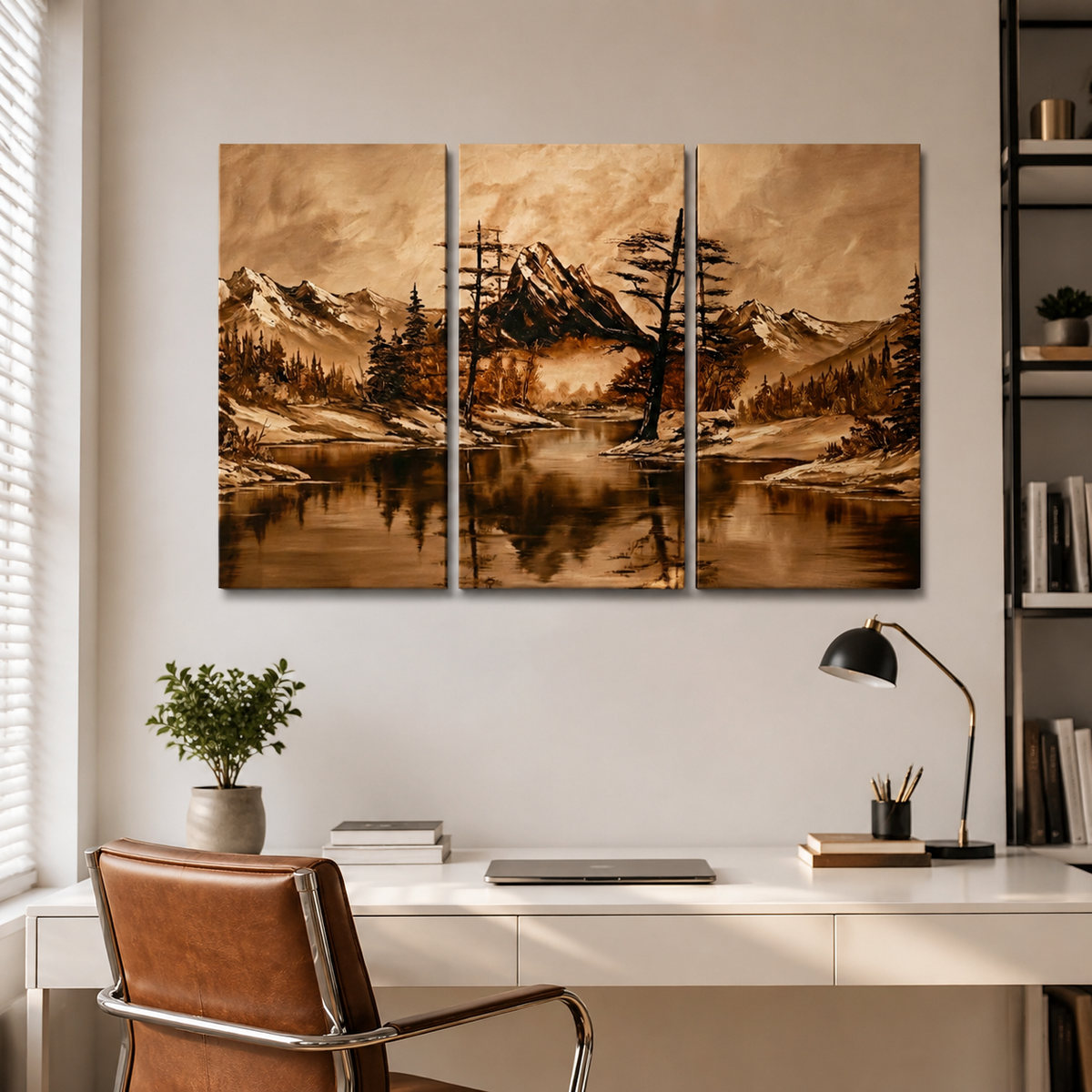 A three-panel canvas wall art print depicting a warm sepia-toned mountain lake landscape, displayed above a white desk in a modern home office setting.