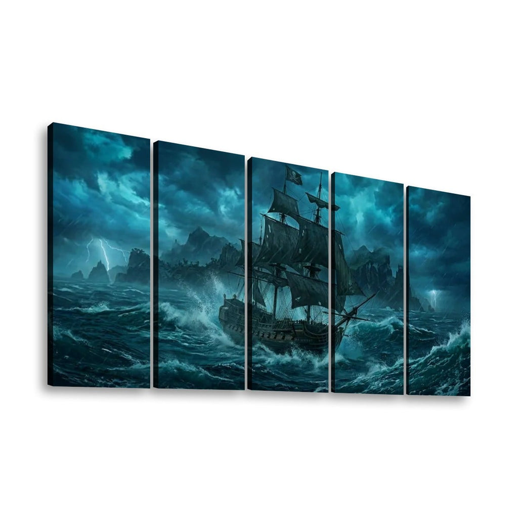 A five-panel canvas wall art set depicting a dark sailing ship battling rough stormy seas with lightning and rocky cliffs in deep blue and teal tones, shown against a plain white background.