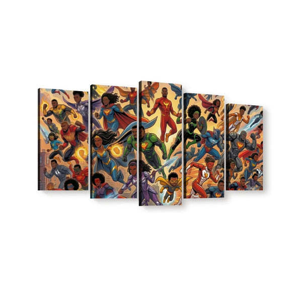 A 5-panel canvas wall art set depicting a dynamic comic-book style illustration of superheroes in action, shown against a plain white background.