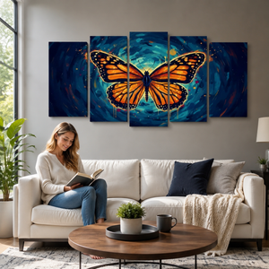 A woman sits on a white sofa in a living room, reading a book. Above the couch is a five-panel canvas wall art set depicting a large orange and black Monarch butterfly over a swirling blue cosmic background.