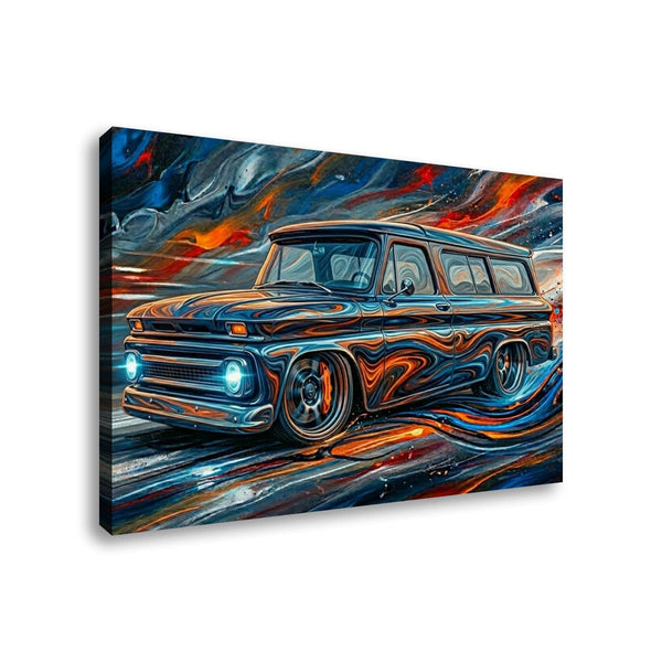 A rectangular canvas wall art print showing a stylized 1966 Chevy Suburban Carryall  with glowing headlights, rendered in swirling blue, orange, red, and black brushstrokes on a white background.