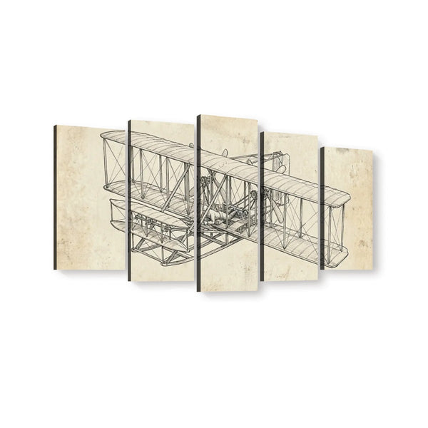Wright Brothers First Flight Canvas Wall Art – Aviation History Sketch Print | 5-Panel Level