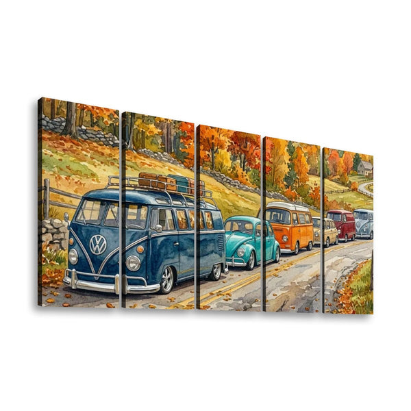 VW Beetle & Bus Watercolor Canvas Wall Art – Classic Volkswagen Parade | 5-Panel Level Print