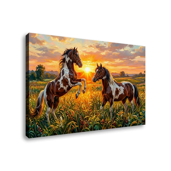 A rectangular canvas wall art print showing two painted horses in a grassy field at sunset, photographed against a plain white background.
