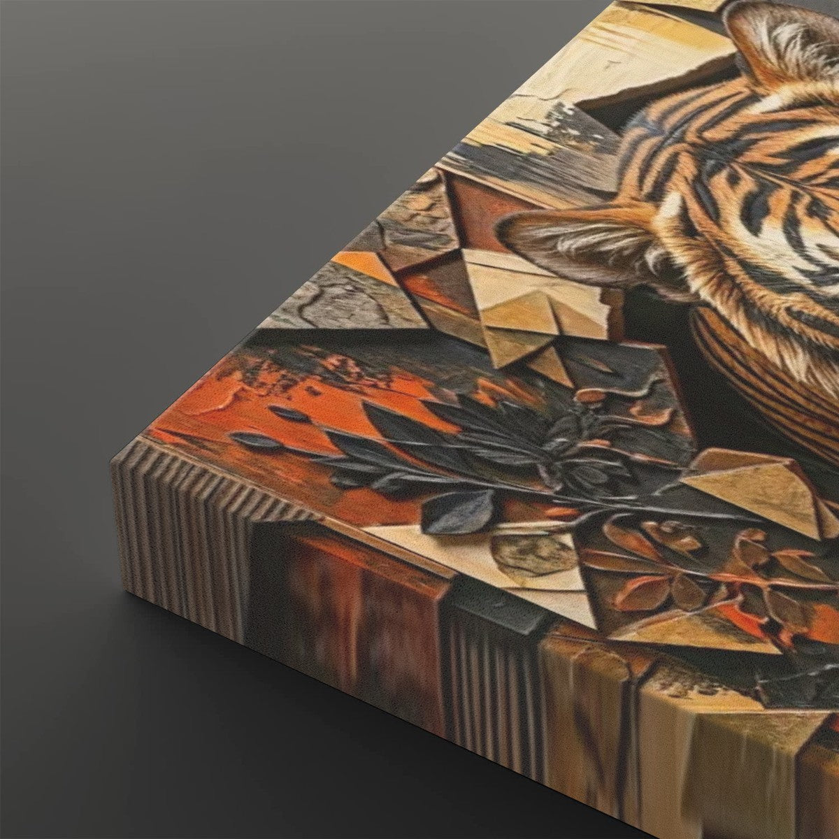 A close-up of a rectangular canvas or panel featuring a stylized tiger head and abstract geometric floral elements in warm earth tones, photographed on a dark gray background.