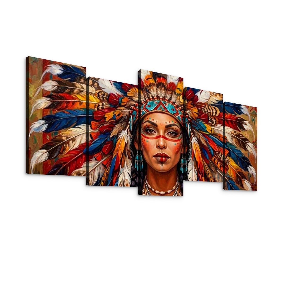Native American Indian Woman 5-Panel Level Split Canvas Wall Art | Multi-Panel Print