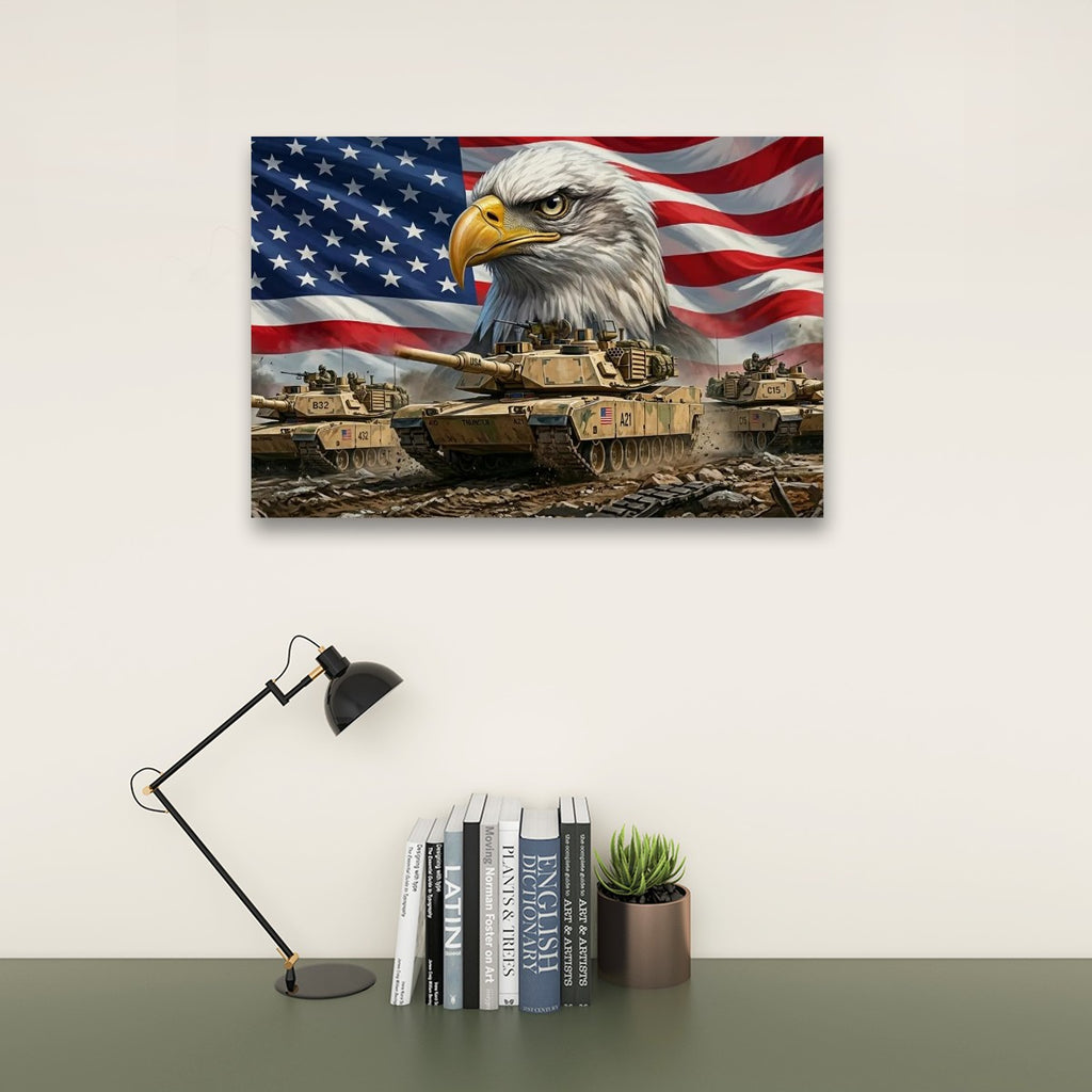 US American Flag Bald Eagle Army Tanks Military Split Canvas Panel Wall Art 1, 3, 5 Panel