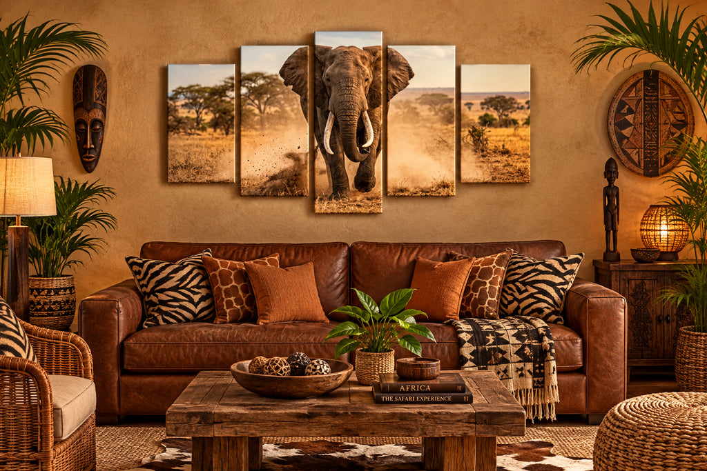 A five-panel canvas wall art set depicting an elephant walking through a dusty savanna landscape.