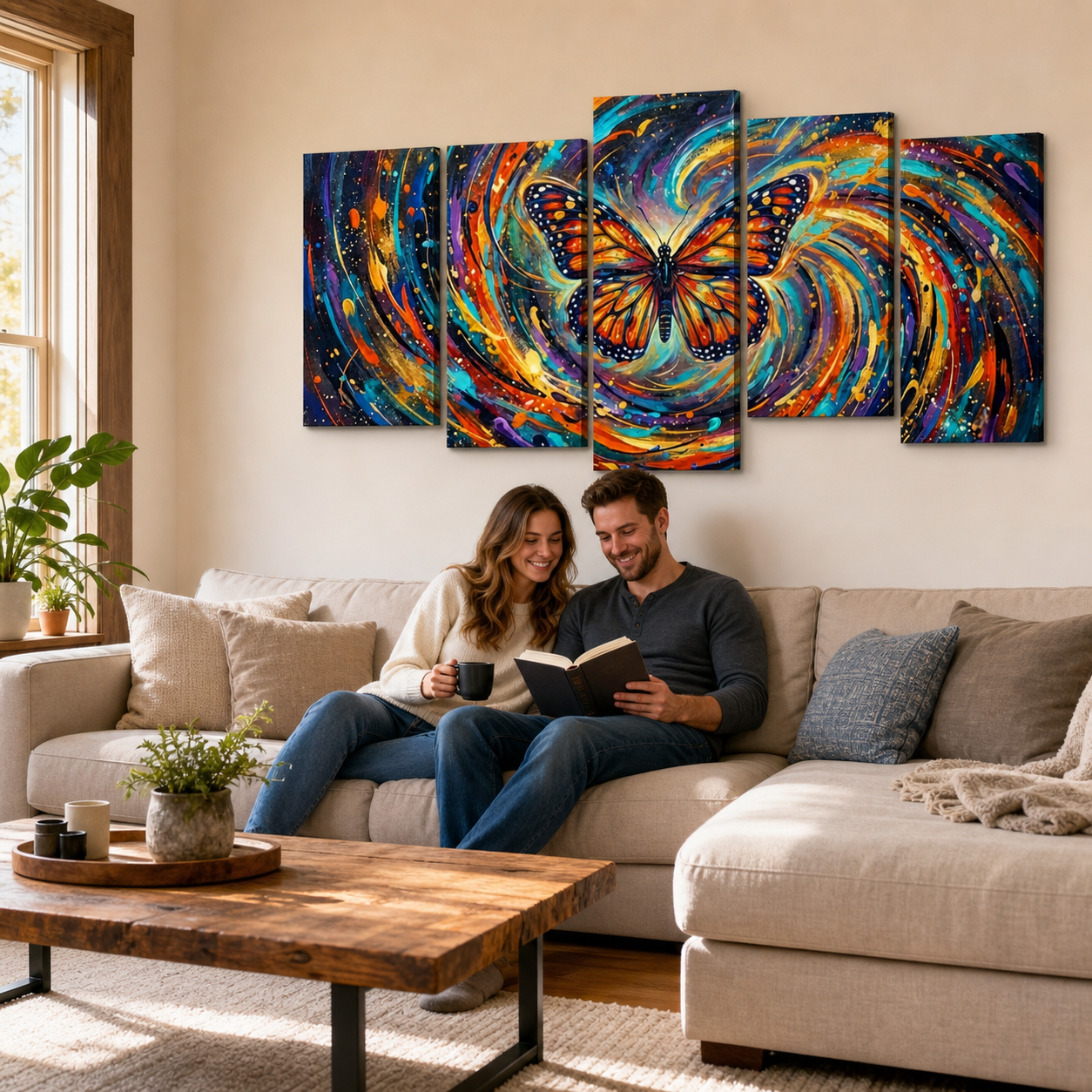 Monarch Butterfly Cosmic Vortex Canvas Wall Art | 1, 3 & 5-Panel Print | Colorful Abstract Butterfly Décor | Gallery-Wrapped