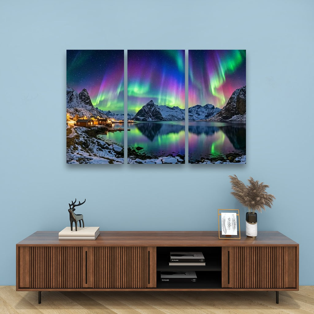 Northern Lights Over the City — 5 Panel Level Canvas Wall Art