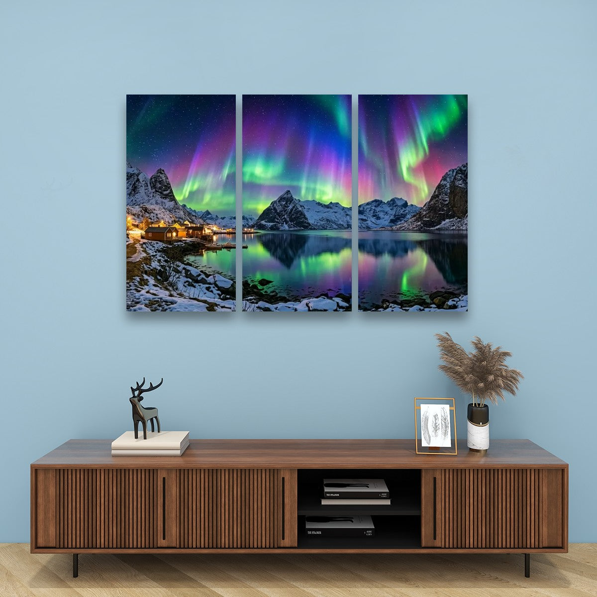 Northern Lights Over the City — 5 Panel Level Canvas Wall Art