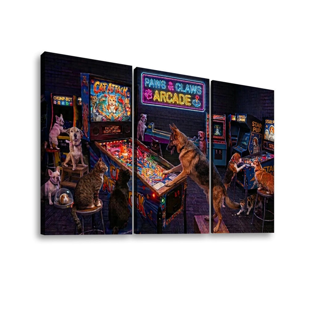 A three-panel canvas wall art print depicting cats and dogs playing arcade games in a neon-lit retro arcade, shown against a plain white background.